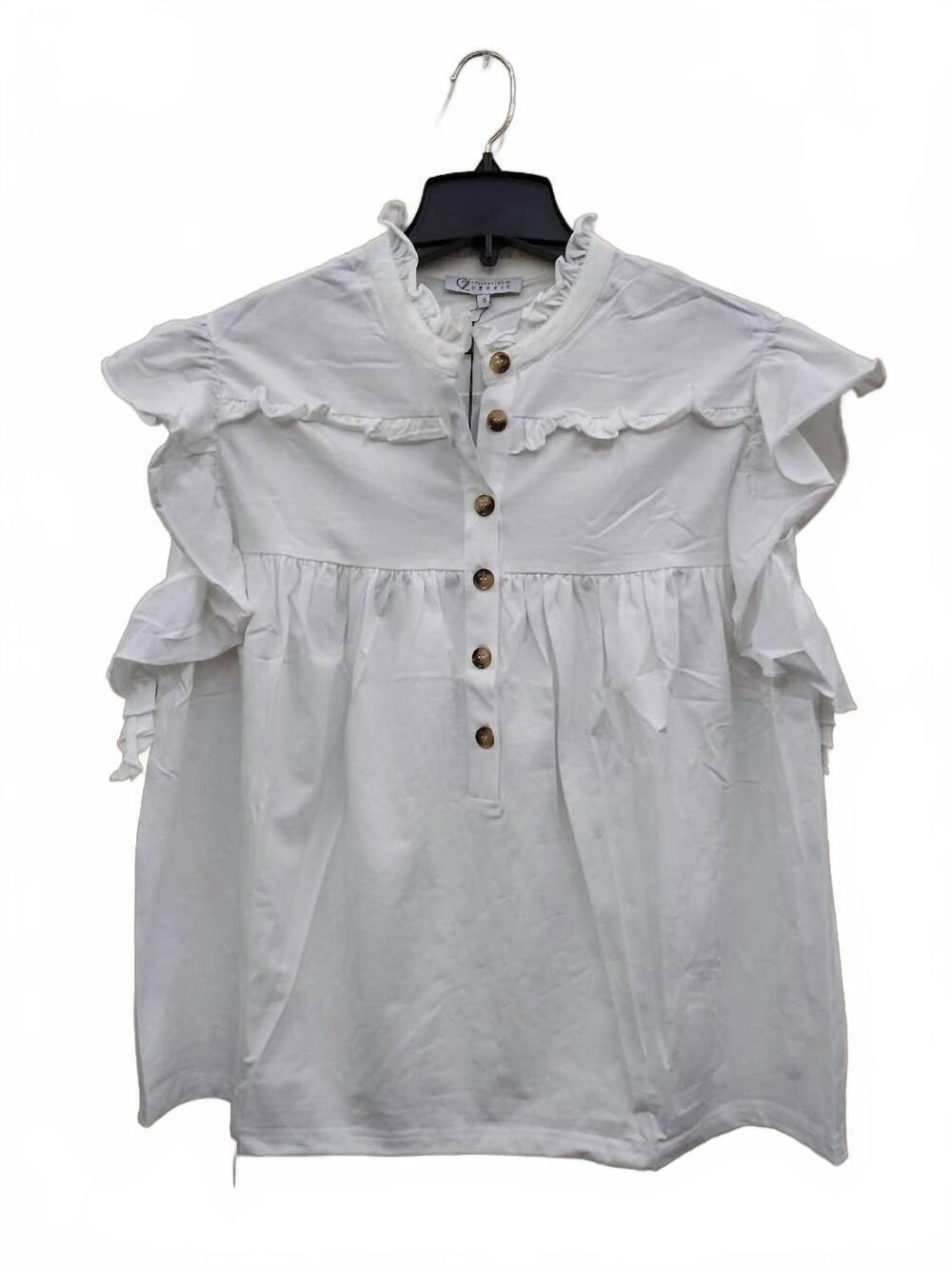 NEW CEZELE women's ruffle detail button down casual top in white